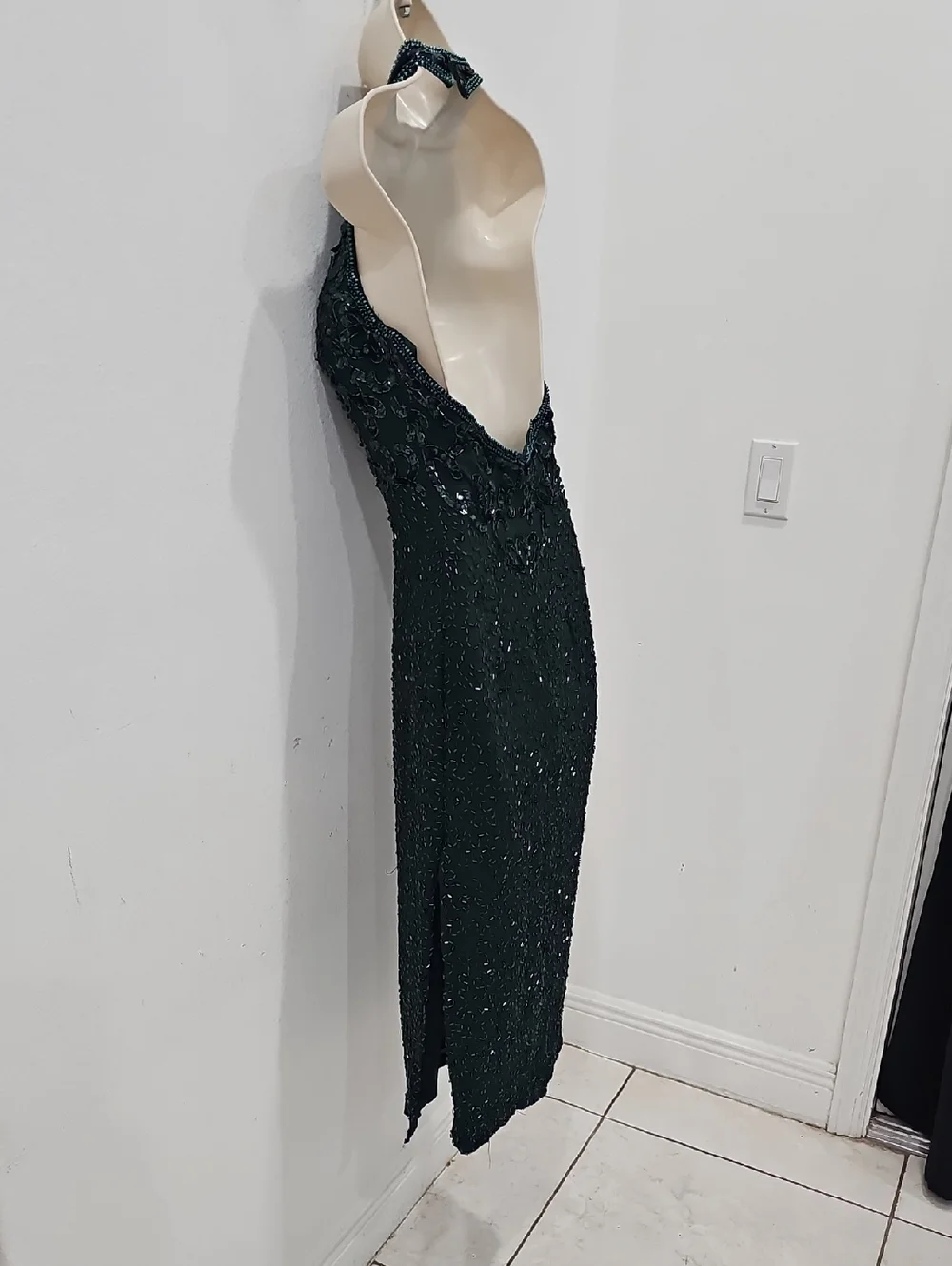 Vintage Lillie Rubin Green Sequin Silk Dress Beaded Gown Open Back / Size 6